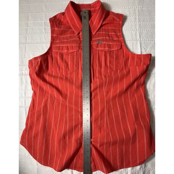 Columbia Womens XL Orange White Stripe Sleeveless Button Up Outdoor Shirt Cotton - Picture 7 of 8